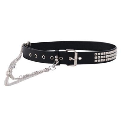 Pin Buckle Waist Belt for Dress Western Style Belt with Alloy Rivet & Dangle Chain Wide Waist Belt Ladies Skirt Belt