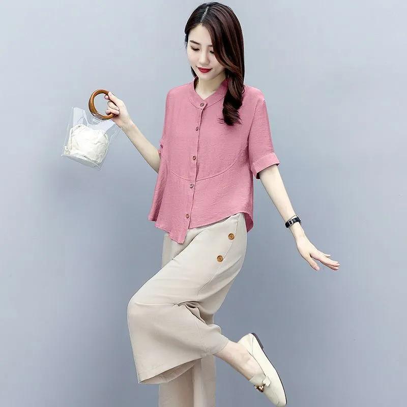 Women's Elegant Ethnic Style Suit Solid Color Literary Design Short Sleeve Top + Wide Leg Pants Two Piece Set