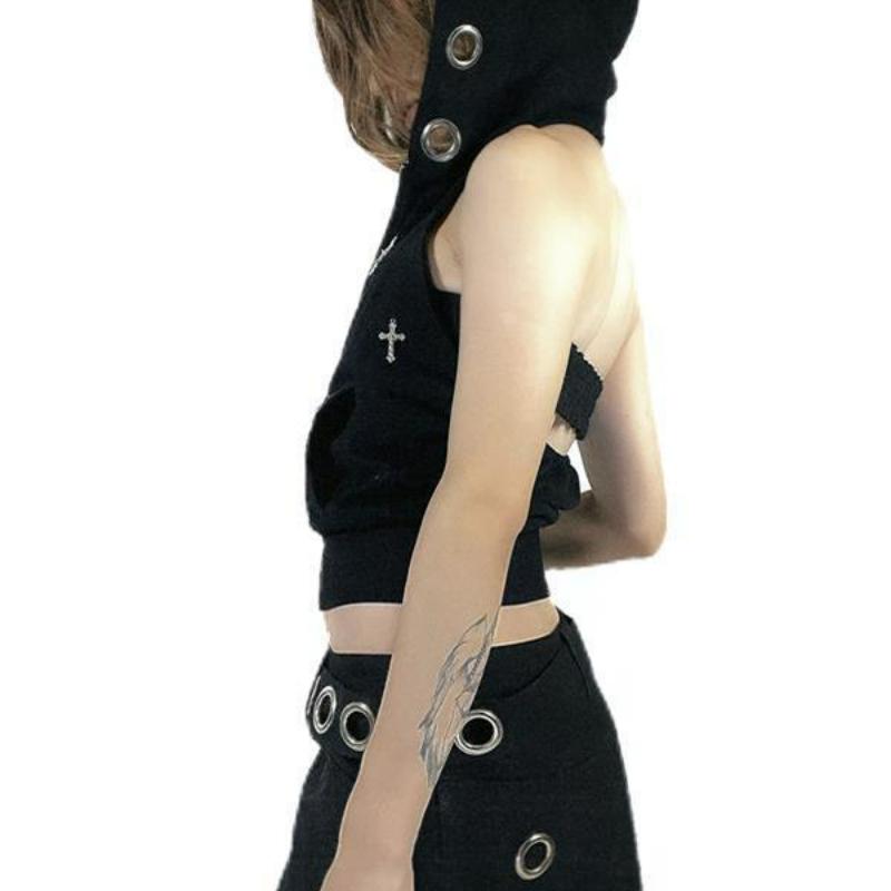 AltGoth Streetwear Gotická Tmavá Vesta Ženy Harajuku Y2k E-girl Cyberpunk Cross Kapucí Crop Tílko Emo Alt Grunge Outfity Žena