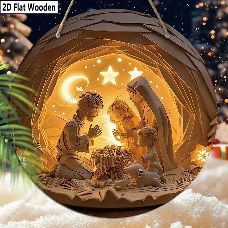 Hellig natt Krybbespill anheng, dekorasjon av hjemmevegger eller dører, 2d flatt tre, juledekorasjon, gaver til venner og familie