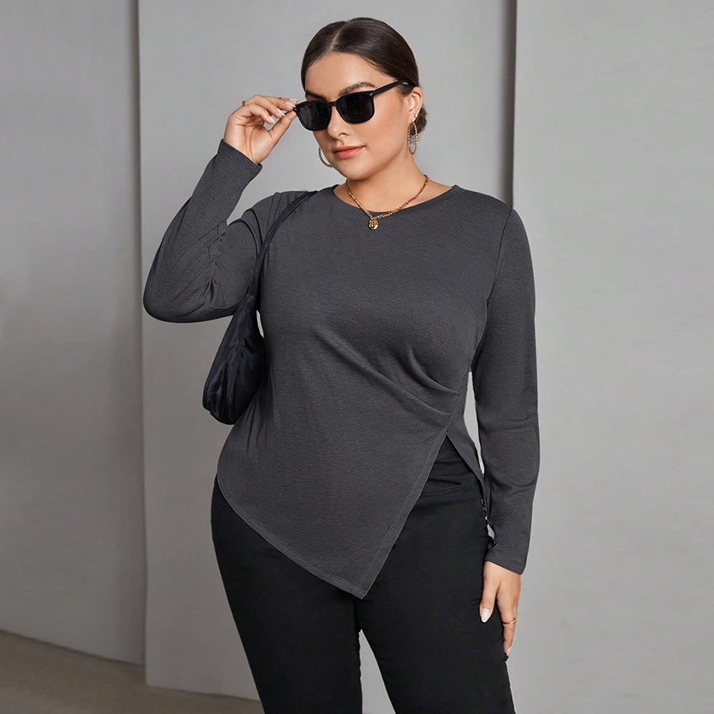 European and American large-size women's clothing spring and summer long-sleeved t-shirt fat mm irregular split-ended versatile bottoming slim-fit top