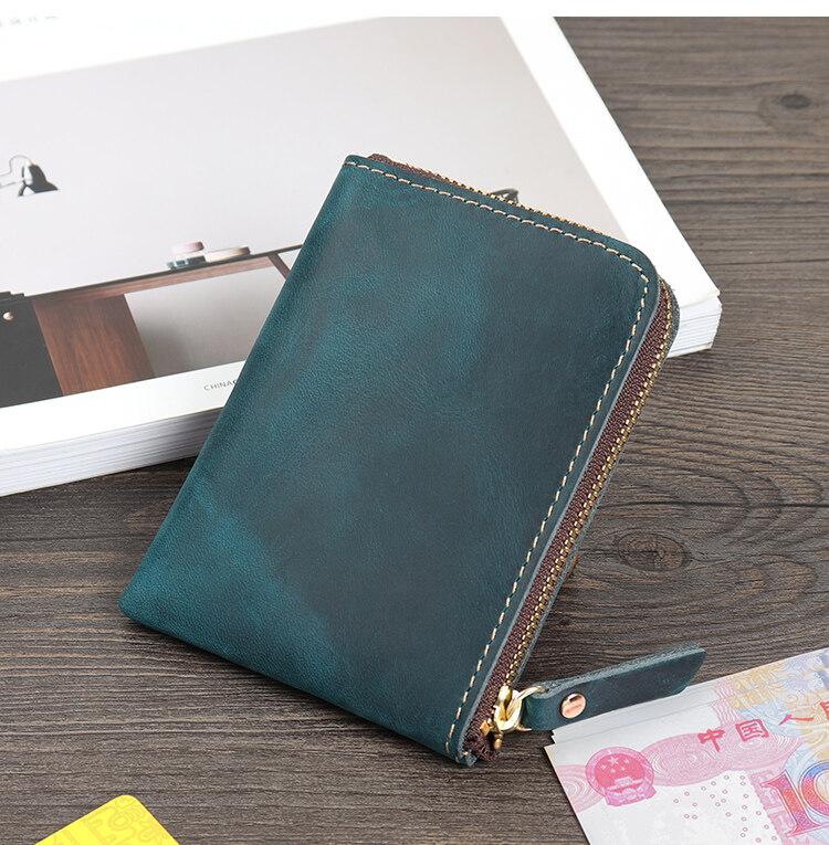 

Кошелек из кожи Crazy Horse ручной работы, ретро, маленький, с отделениями для монет и денег, простые кошельки, кармашек на молнии, держатели для карт синий