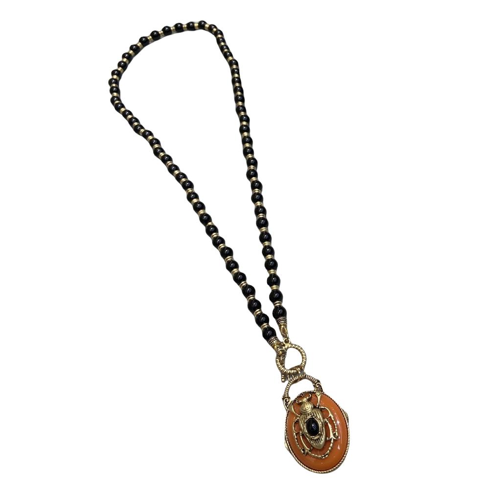 Russian Gold Dripping Orange Retro Insect Scarab Beaded Double Layer Necklace Ear Pat Ring Brooch Set