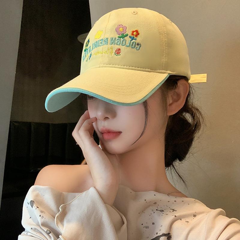 

Cute flower letter embroidered baseball cap women s wide brim versatile big head circumference showing face small soft top cap