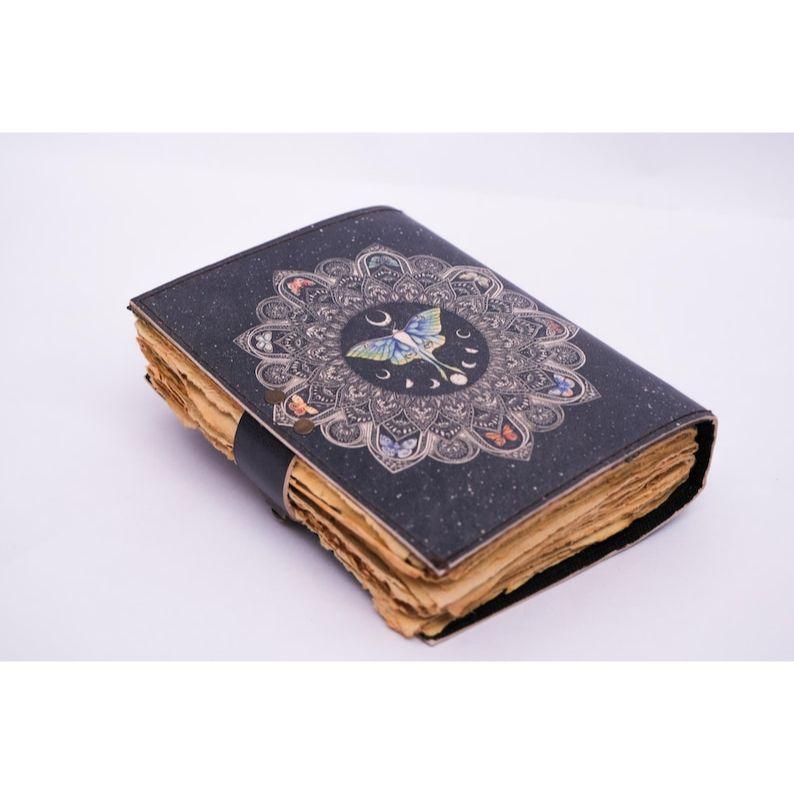Blank Spell Book of Shadows Journal with Lock Clasp | Vintage Handmade Leather Luna Moth Butterfly Diary | Pagan Witchcraft Wiccan Notebook