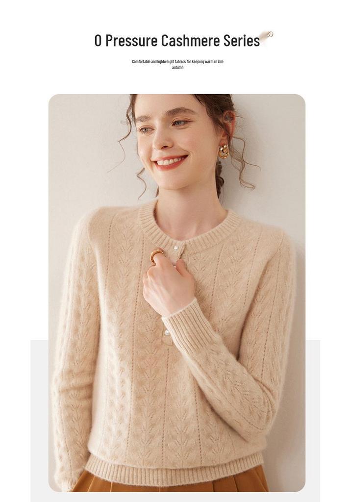 Women's Fashion Hollow Jacquard Cashmere Sweater - Round Neck, Half-Open Collar, Slimming Base Layer for Autumn/Winter