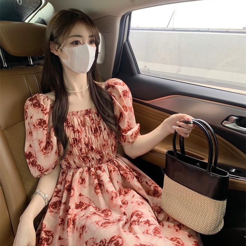 2026 Summer Women s French Square Neck Rose Dress - Plus Size, Loose Fit, Mid-Length S (Recommend 80-95 jin)