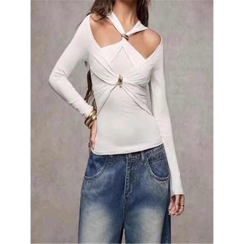 Foreign Trade Order In Home Sexy Gyaru Style Cross Kinked Metal Buckle Open Collarbone Design Long Sleeve Top Tight T-shirt