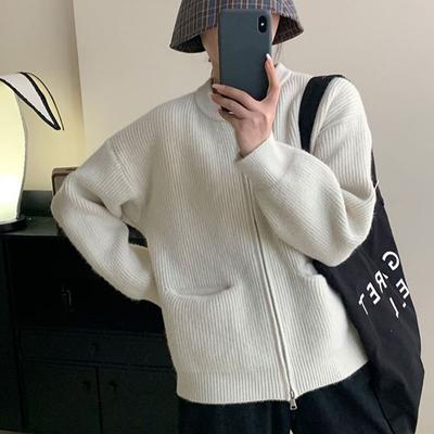 Vintage Enfärgad Lazy Högklassig Dubbel Zip Ficka Stickad Cardigan Dam Lös Mjuk klibbig Tröja Kvinnlig Kappa