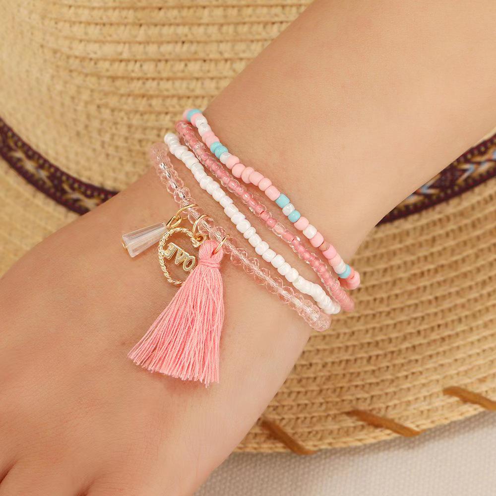 Bohemian Multi-layer Pink Tassel Love Bead Bracelet for Women