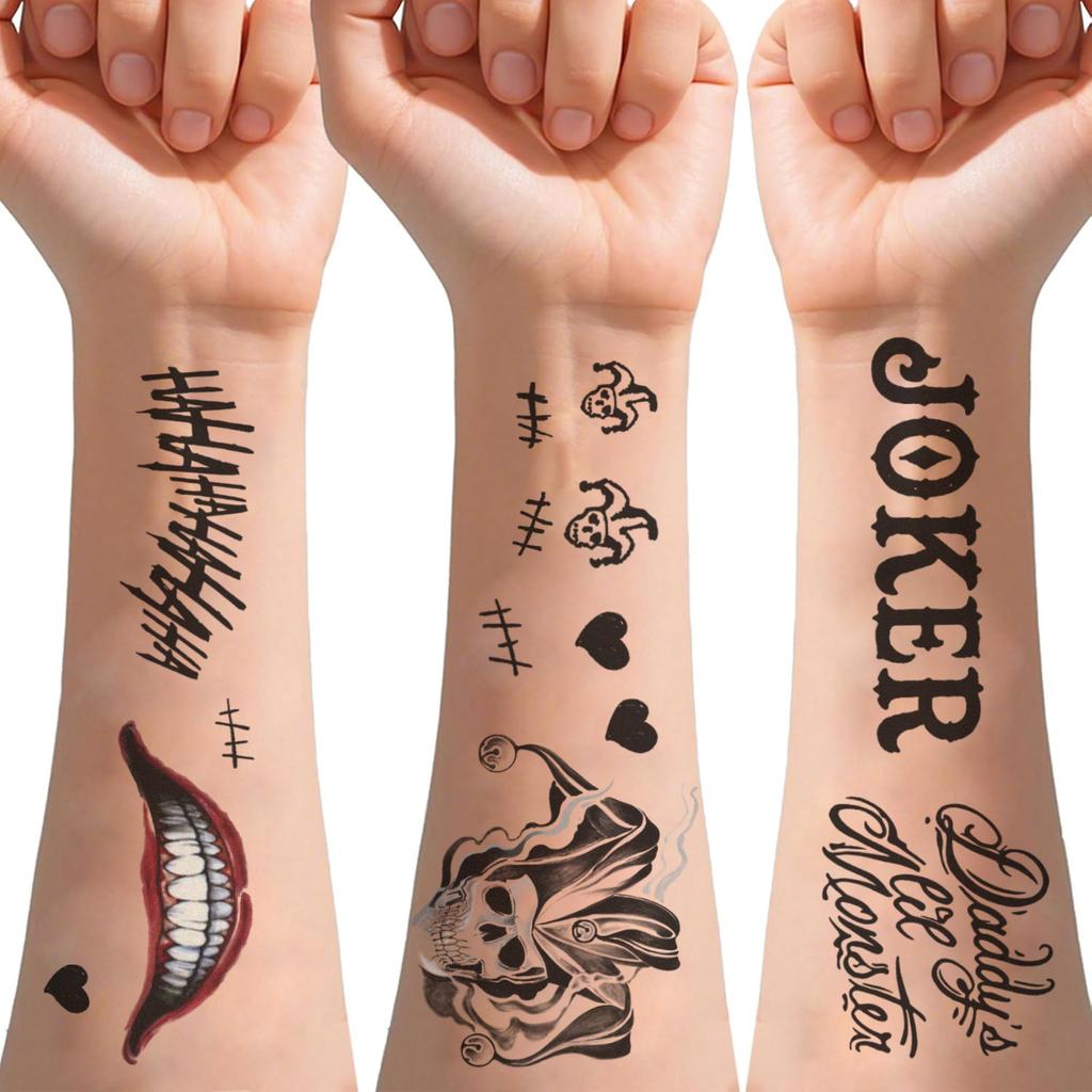 10 Blatt Joker Tattoo Aufkleber Schwarz Narbe Poker Böse Smiley Designs Party Make-up Wasserdichte Temporäre Tattoo Aufkleber