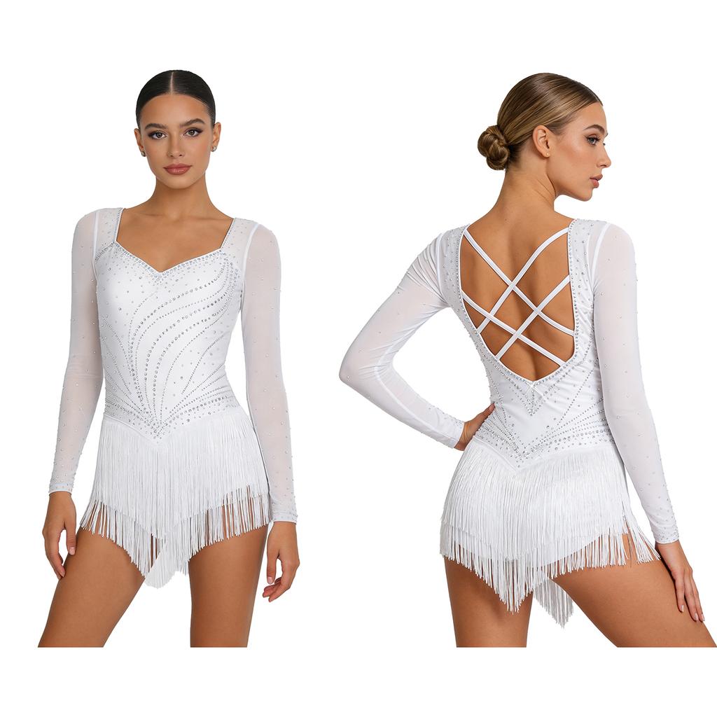 All-in-One Performance Jumpsuit for Women S-XXL: Perfect for Tango, Rumba & Figure Skating with Mesh Sleeves & Open Back