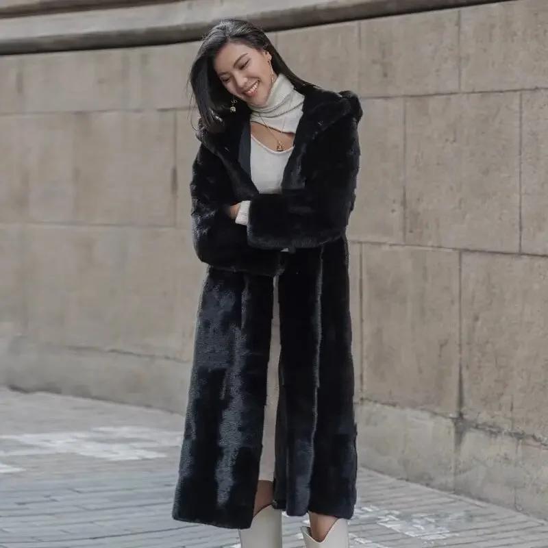 Faux Fur Long Coats Women Hoodies Oversize Long Sleeve Button Lady Elegant Jacket with Belt Winter Warmer Female New Fashion