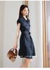 Flip Collar Single Breasted Lace Up Linen Dress