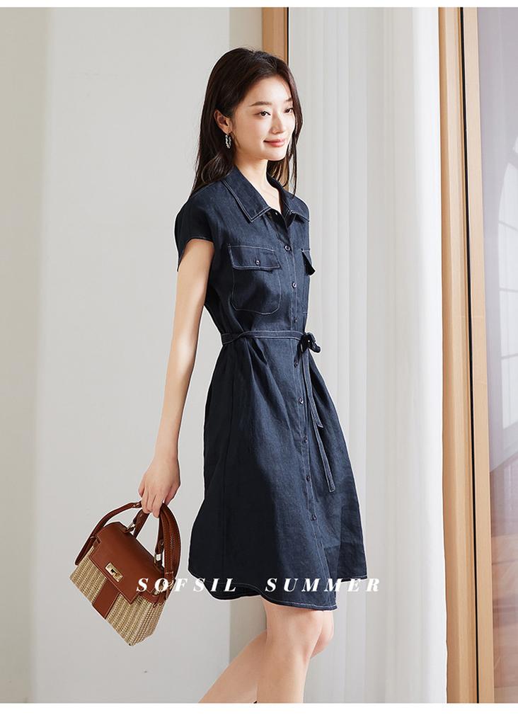 Flip Collar Single Breasted Lace Up Linen Dress