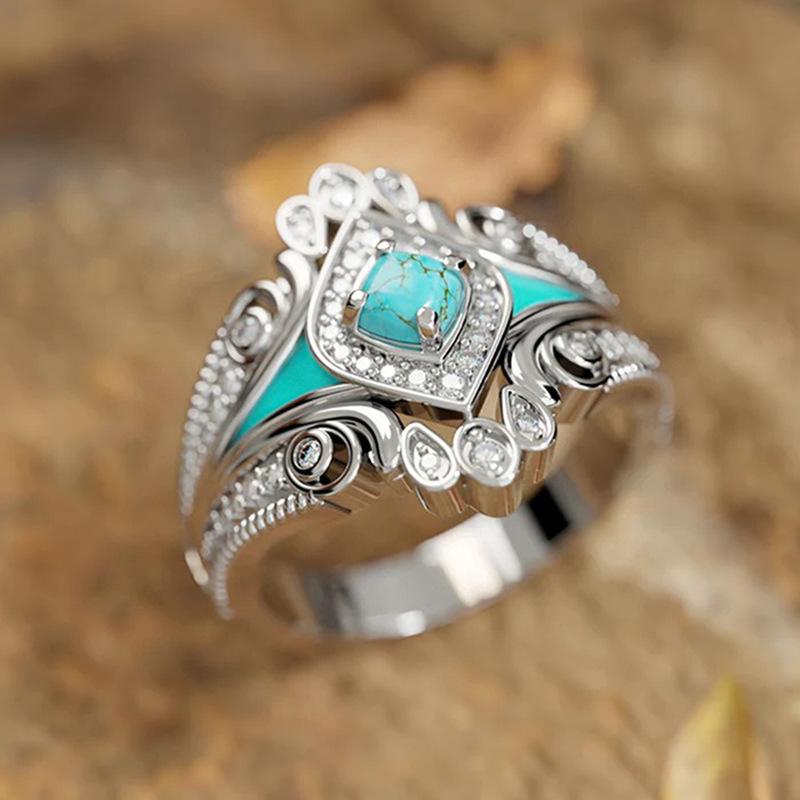 Fashion Silver Color Imitation Turquoise Rings For Women Girl Statement Blue Enamel CZ Rings Wedding Engagement  Gifts