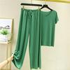 Nuovo due pezzi estivo in seta ghiacciata: Top a maniche corte con scollo a V e pantaloni casual drappeggiati a gamba larga
