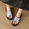 Krazing Pot Cow Skin Summer Size 40 Outside Slippers Thick Bottom Flat Platform Pleated Decoration Women Flip Flops Sandals