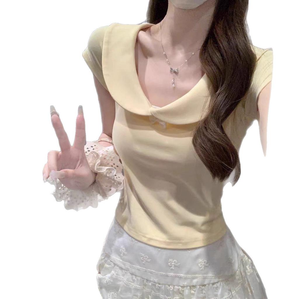 Camiseta de Manga Corta Dulce con Cuello de Muñeca y Lazo Estilo Girly Linda Verano Pura Tentación Skinny Spice Girl