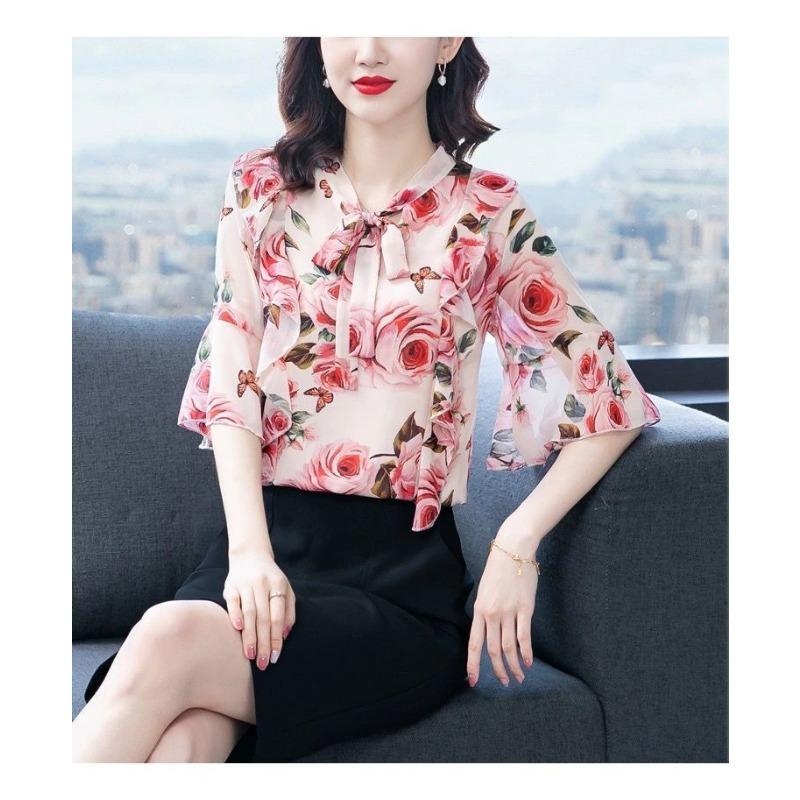 Floral Shirt for Women Summer New Fashion Temperament Trumpet Sleeve Shirt Super Fairy Top for Women with Stylish Bow