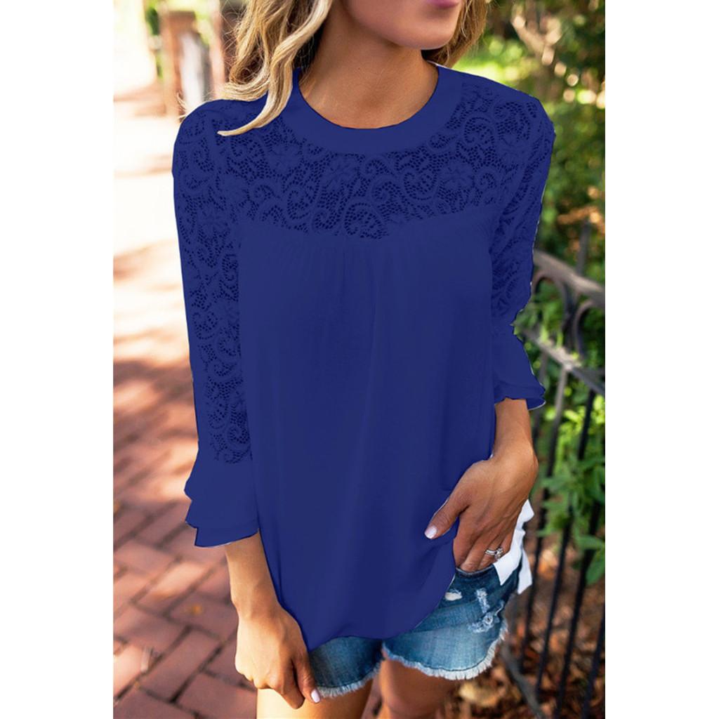 Elegant Chiffon Lace Blouse Loose Fit Pullover Long Sleeve T-shirt For Women