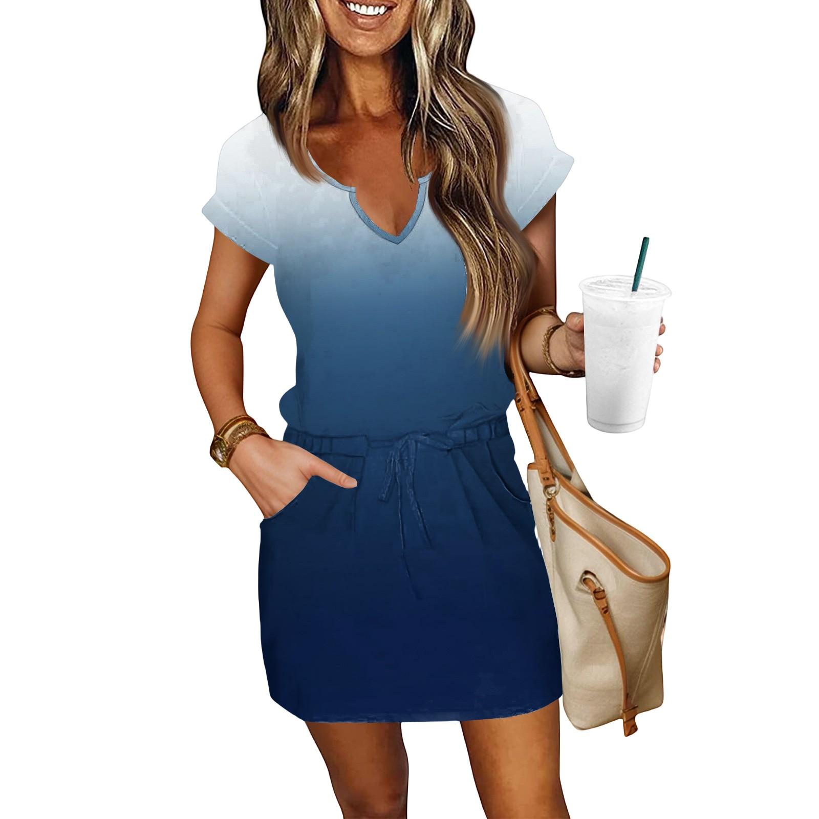 

Женские летние платья с V-образным вырезом, короткими рукавами, кулиской, карманами, градиентные, повседневные L