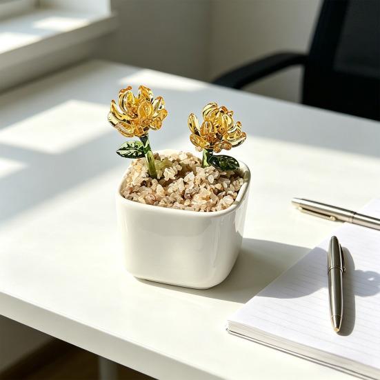 Miniature Glasblomst Figur Håndblæst Mini Blomsterbuket i Pot Samlerobjekt Blomstrende Blomsterpynt til Hjem Indendørs Borddekoration