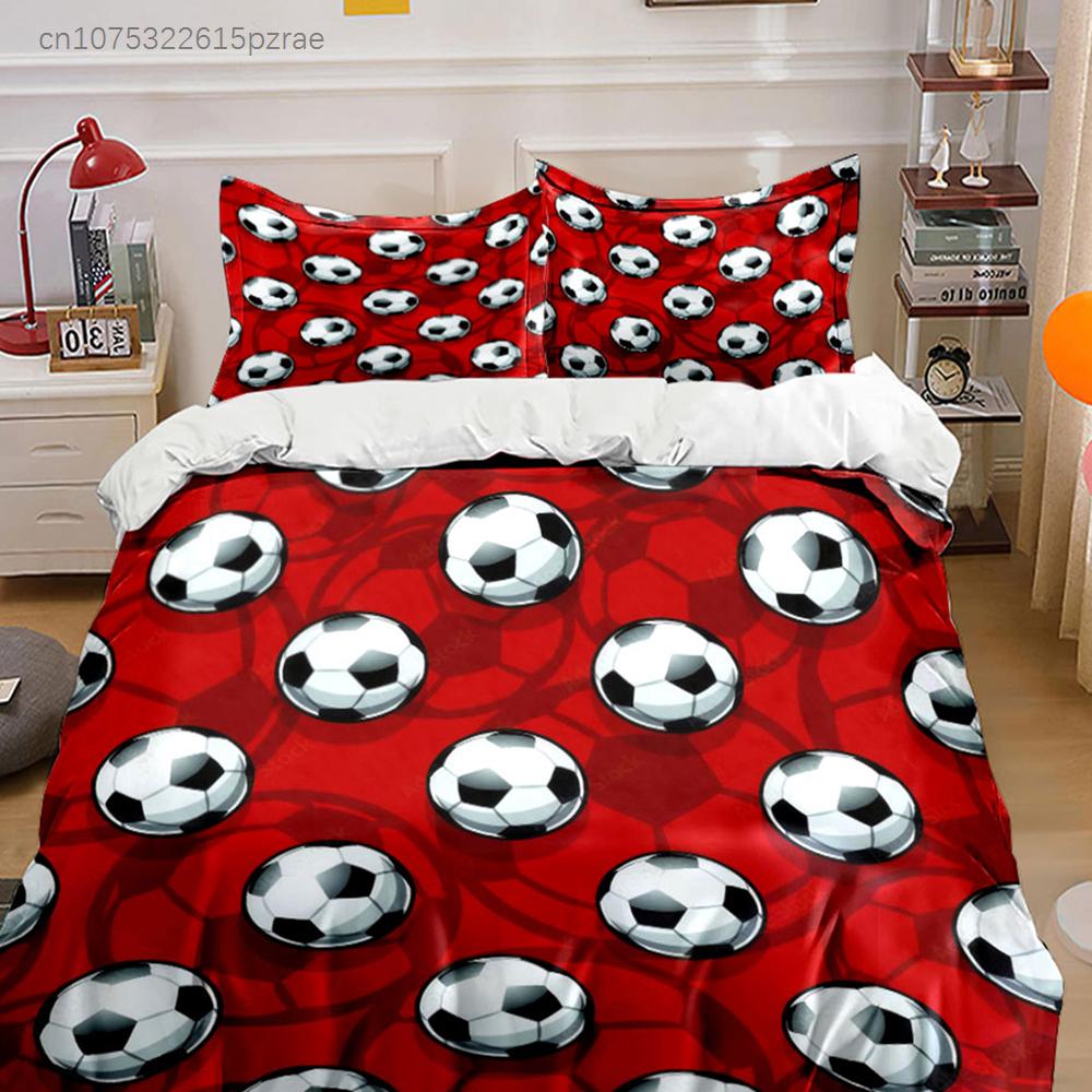 Red Background Soccer Ball Pattern 3PCS Bedding Set Soft Microfiber Bed Sheet Pillowcase Set For Kids Football Fans Room Decor