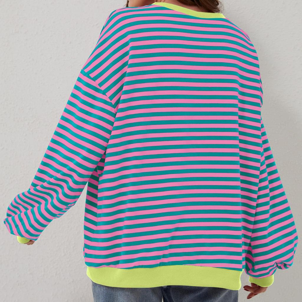 Oversized Sweatshirt for Women Spring  Crew Neck Striped Long Sleeve Shirts Hoodies Preppy Top Y2K Outfits Casual Round Neck Pullover T-Shirt