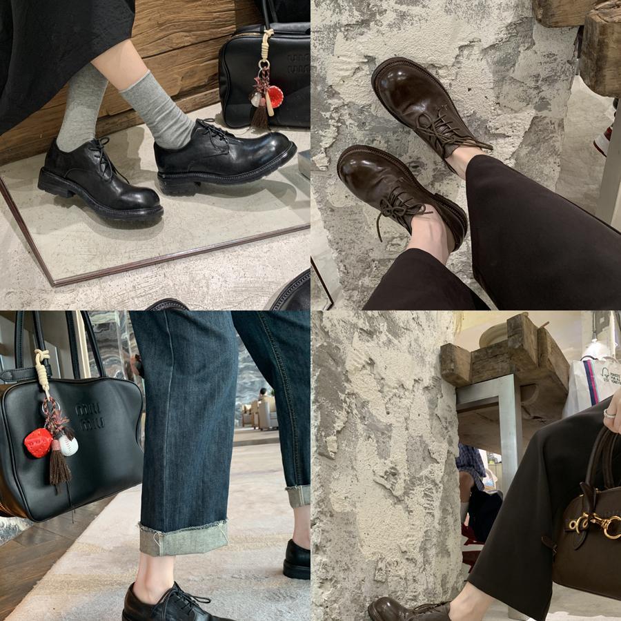 Cowhide version grape mother same washed shrink horse leather shoes Derby small leather shoes women's British style lace-up loafers