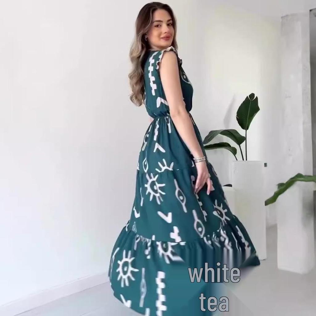 2024 Summer European & American Women's V-Neck Tie Waist Sleeveless Print Dress