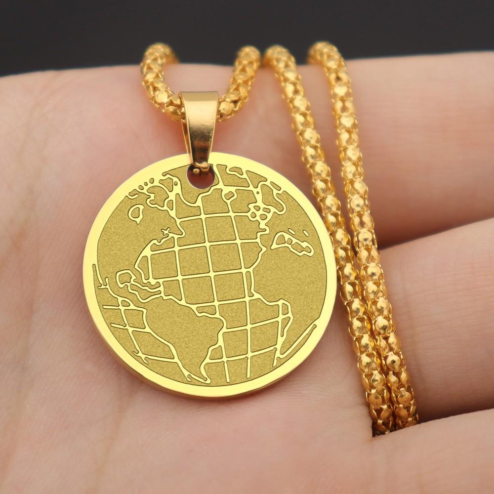 Round Stainless Steel World Map Pendant Charm Men's Necklace Fashion Hip Hop Punk Jewelry Accessories Party Gift