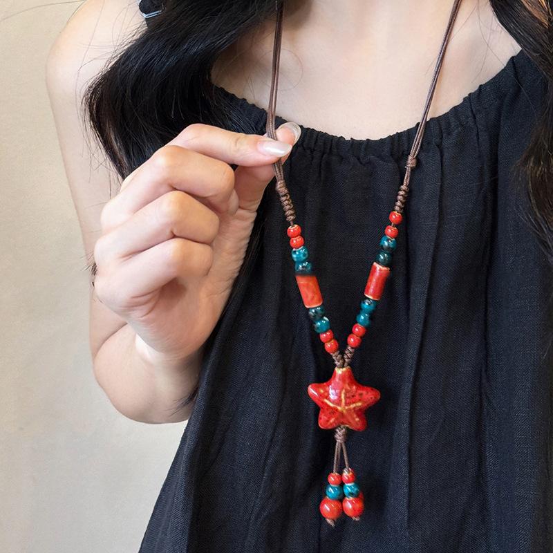 Wax rope ceramic star beaded pendant necklace fashionable small fresh collarbone chain versatile temperament niche jewelry