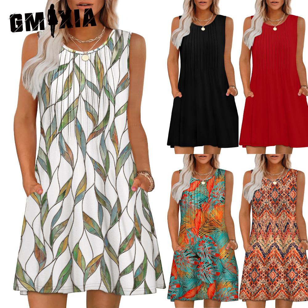 GMXIA Vestidos casuales sin mangas con cuello redondo y primavera verano a la moda para mujer