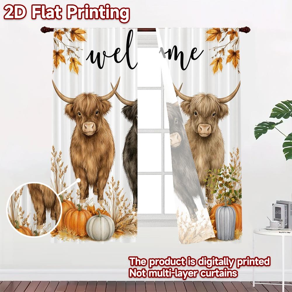 2D FLAT PRINTING 2pcs Curtains (Without Rod) Fall Welcome Highland Cows Popular Creative Curtains Semi-Sheer Curtains Easter