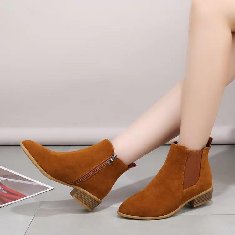 Plus Size Suede Martin Boots - Spring/Autumn 2025, British Style, Pointed Toe, Square Mid Heel 43