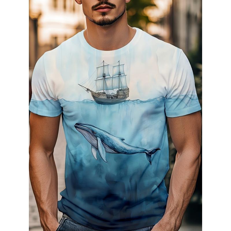 Gradient color whale pirate ship men s fashionable and casual 3D printed round neck sports short-sleeved T-shirt S синий