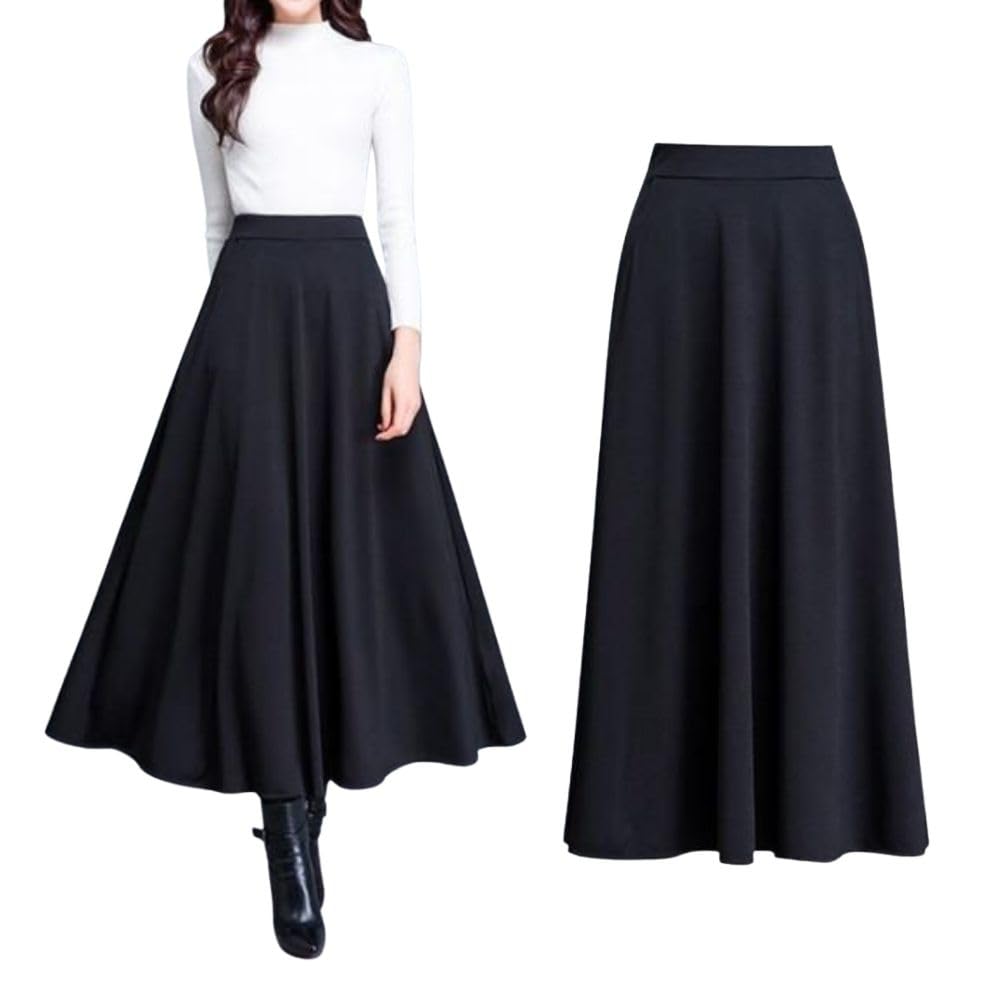 PLEAVIT Women's Long Skirt, Flared, High-Waisted, A-Line, Elastic Waist, Maxi Length, Elegant for Fall/Winter (L, Black)