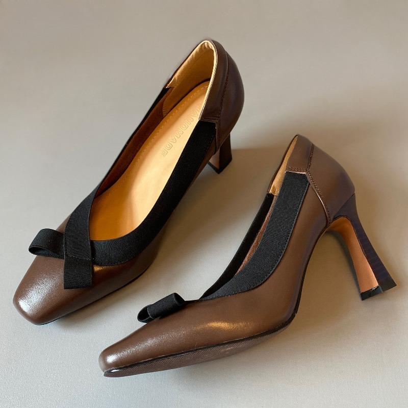Retro High-heeled Shoes with Thin Heels, Soft Leather, Square Toe, Single Shoe, Women's Shoes