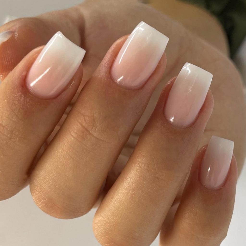 Gradient French Manicure: Pink & White Rectangle False Nail Tips