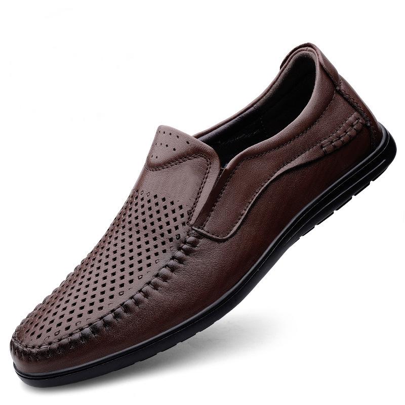 Men's Cross-Season Leather Shoes: Breathable Top Layer Cowhide, Perforated Casual Design for Middle-Aged Men, Available in Large Sizes