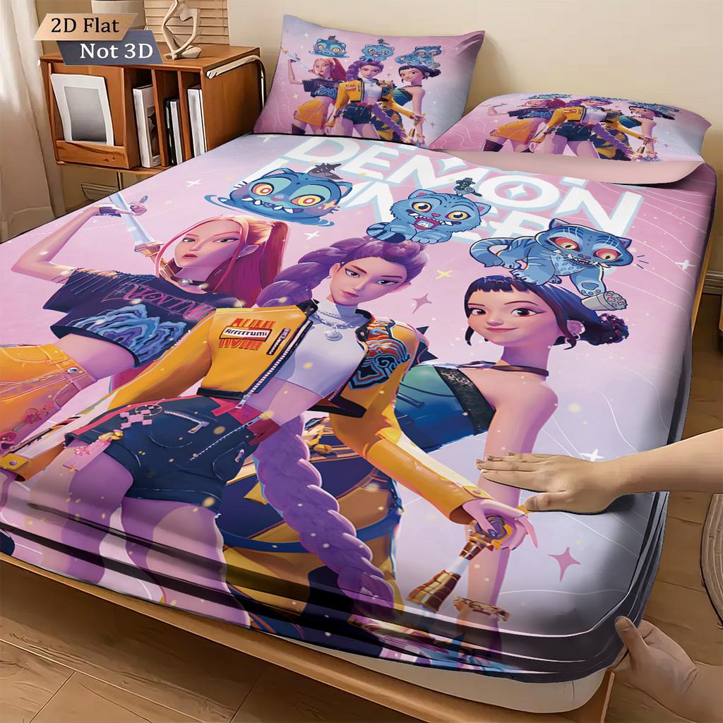 3pcs K-Pop Demon Hunters Print Coreless Bed Sheet Set Multiple Sizes Soft Bed Cover Bedroom Bedding Decoration Machine Washable