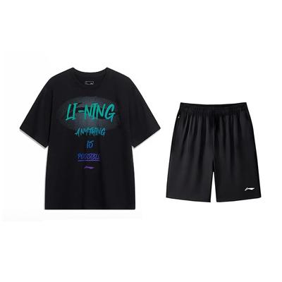 Li Ning Logo Bedrucktes Rundhals-Pullover Kurzarm-T-Shirt Modetrend Locker sitzende Shorts Lässiges Sportset Unisex-Sets AHSU803-2+AKSV843-1