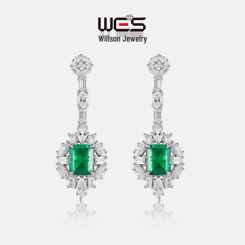 

S925 Sterling Silver Retro Noble European & American Style Lab-Grown Emerald Inlaid Earrings for Women 925 Silver