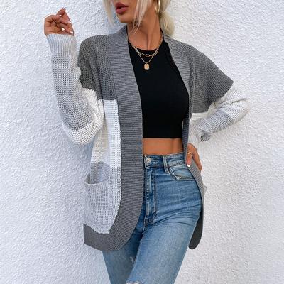 Women's Large Pocket Knitted Contrast Sweater Jacket
