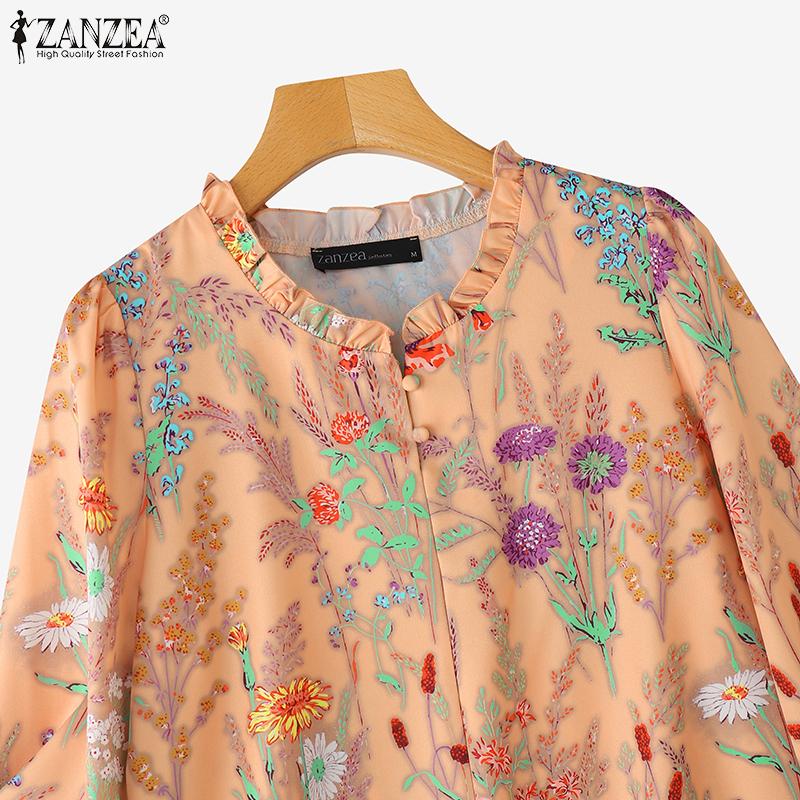 ZANZEA Women Casual Round Neck 3/4 Sleeve Loose Print Blouse