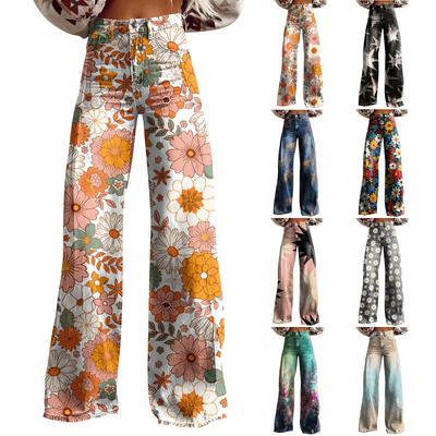 Wide Leg Flare Jeans For Women With Pockets Baggy Pants Vintage Floral Print High Waisted Loose Pant