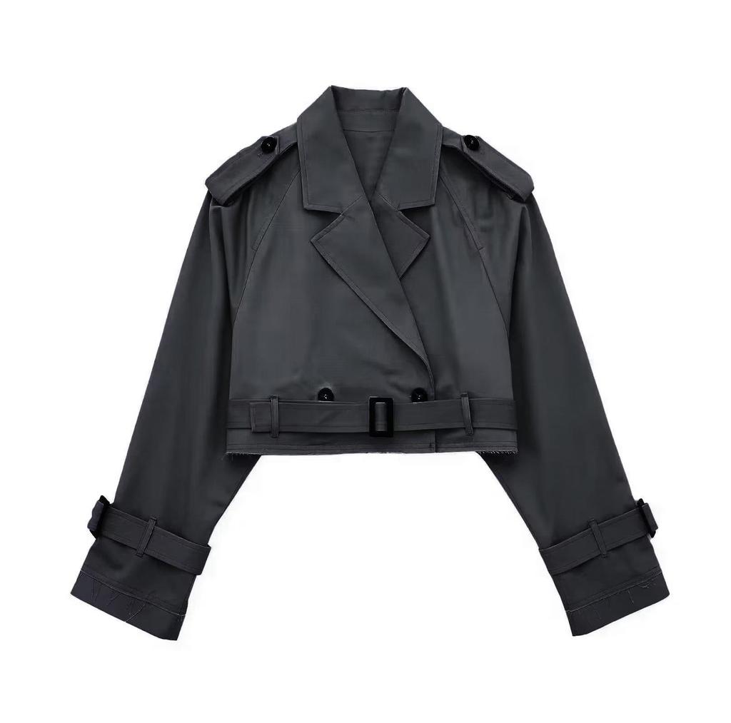 Women Fashion Belt Cropped Trench Jacket Vintage Notched Neck Long Sleeve Female Chic Lady Coat Outfits