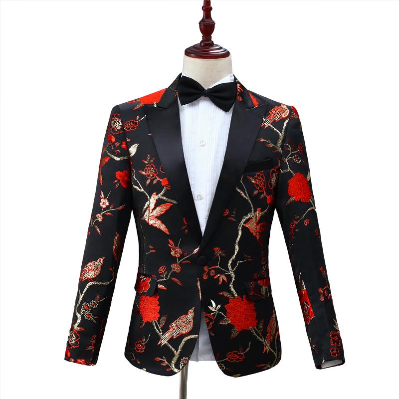 Men's Black Embroidered Single-Breasted Suit for Stage and Hosting