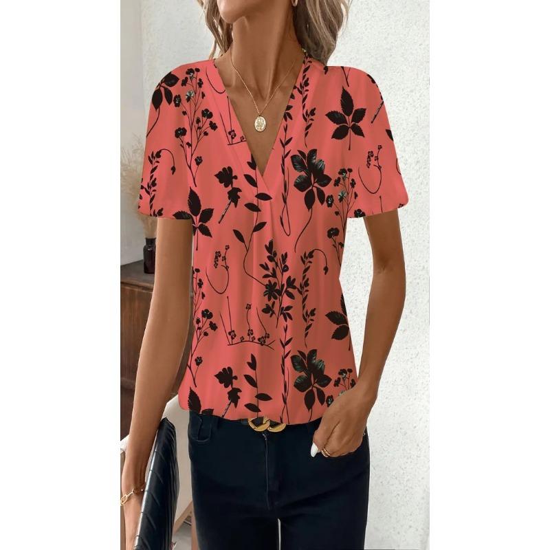 Women Fashion Casual Printed V Neck Short Sleeve T Shirt Top S